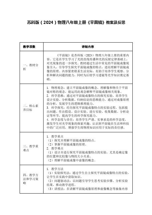 苏科版(2024)物理八年级上册《平面镜》教案及反思