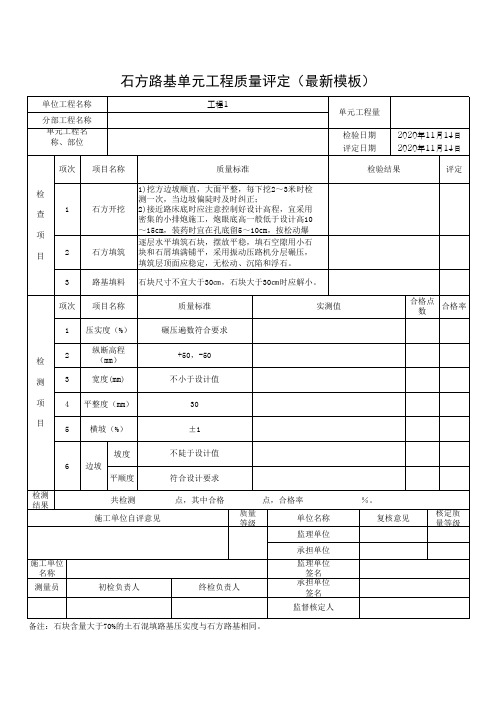 石方路基单元工程质量评定表(最新模板)