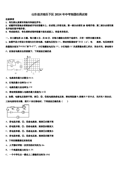 山东省济南历下区2024年中考物理仿真试卷含解析