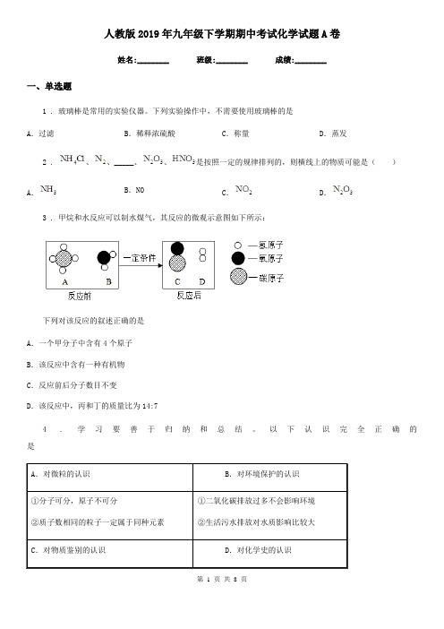 人教版2019年九年级下学期期中考试化学试题A卷