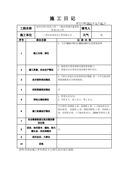 水利水电新格式新规范施工日记【范本模板】