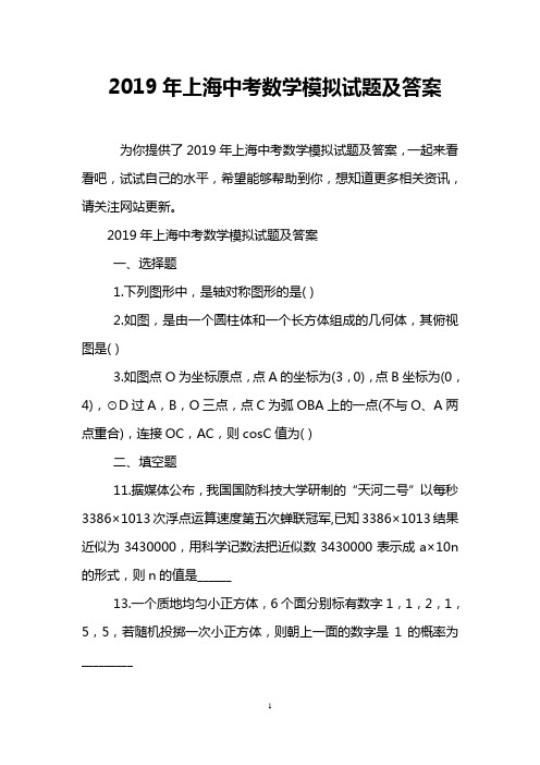 2019年上海中考数学模拟试题及答案
