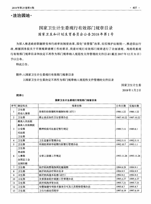 国家卫生计生委现行有效部门规章目录 国家卫生和计划生育委员会公告2018年第1号