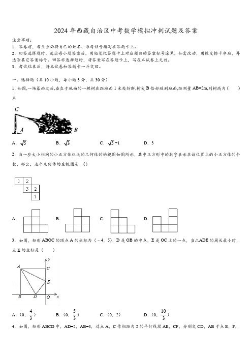 2024年西藏自治区中考数学模拟冲刺试题及答案