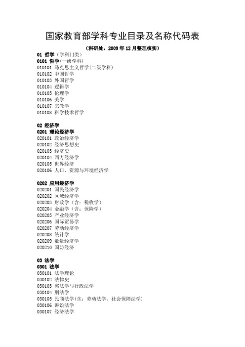 国家教育部学科专业目录及名称代码表