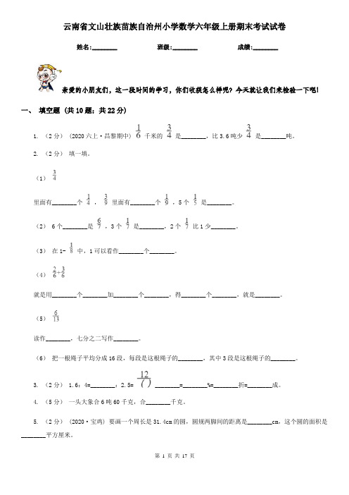 云南省文山壮族苗族自治州小学数学六年级上册期末考试试卷