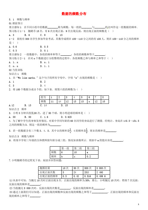 【名校课堂】2016年八年级数学下册 5.1 频数与频率同步练习 (新版)湘教版