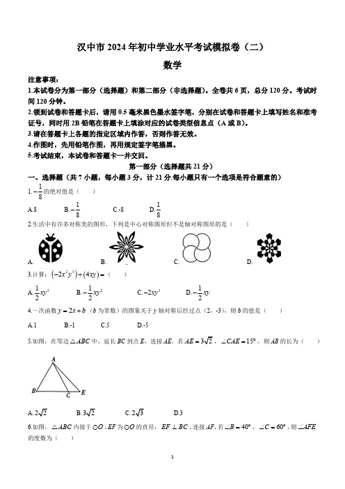 2024年陕西省汉中市中考二模数学试题(含答案)