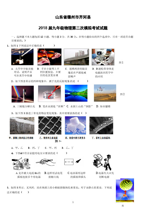 山东省德州市齐河县2018届九年级物理第二次模拟考试试题(附答案)