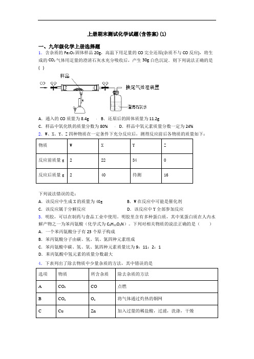 初三化学上册期末测试化学试题(含答案)(1)