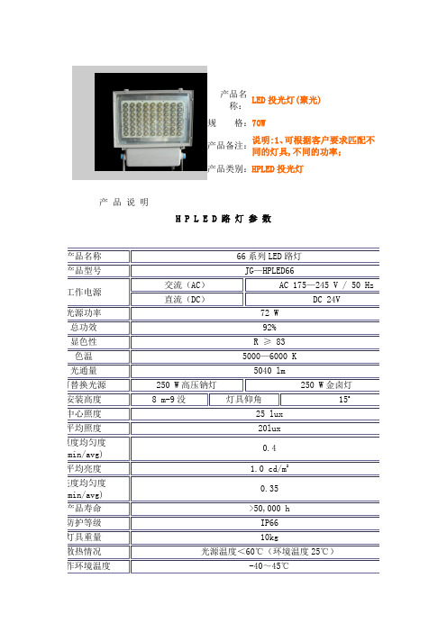 LED投影灯技术参数