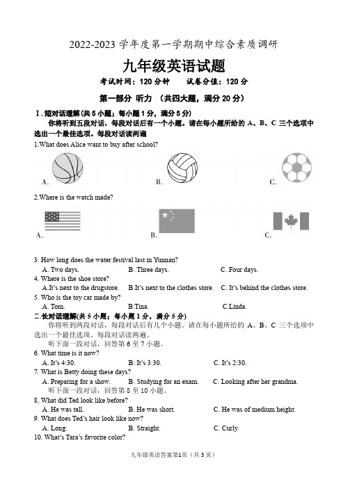 安庆市2022-2023学年度第一学期期中综合素质调研九年级英语(附答案在后)