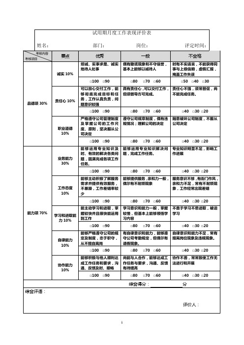 员工试用期工作评价表