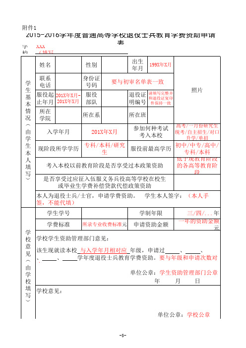 普通高等学校退役士兵教育学费资助申请表(样表)