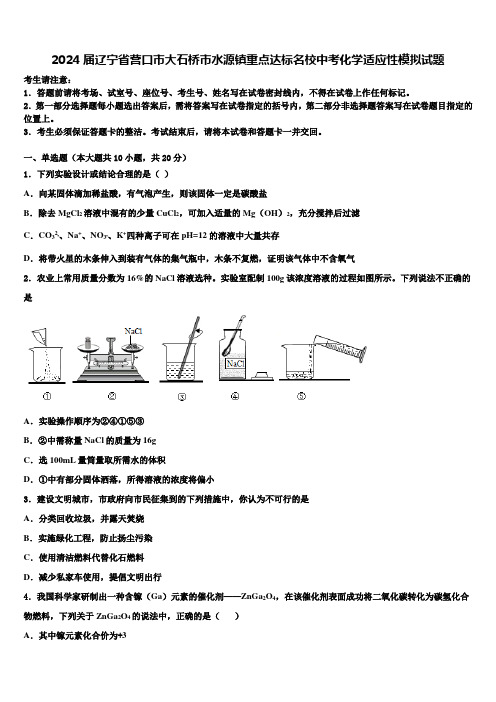 2024届辽宁省营口市大石桥市水源镇重点达标名校中考化学适应性模拟试题含解析