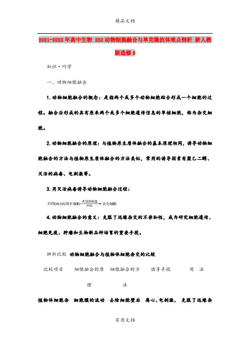 2021-2022年高中生物 222动物细胞融合与单克隆抗体难点剖析 新人教版选修3