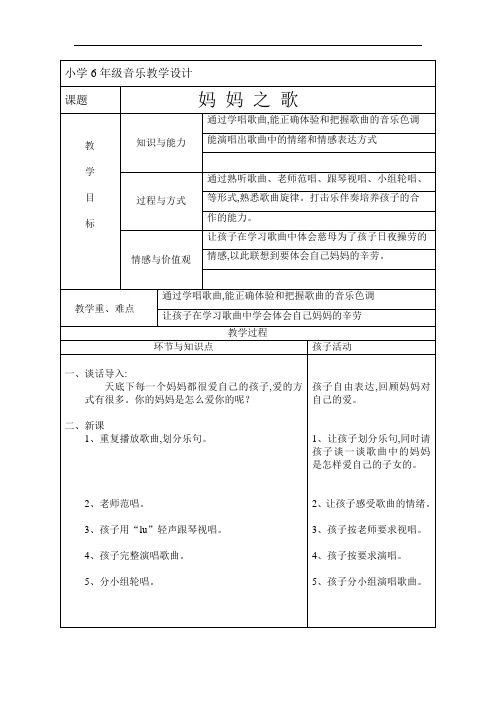 人音小学音乐-3年级上册《5妈妈之歌》教学设计