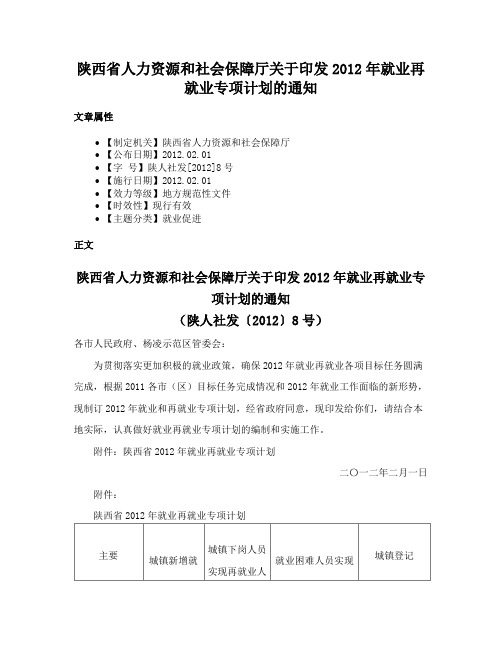 陕西省人力资源和社会保障厅关于印发2012年就业再就业专项计划的通知