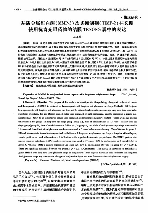 基质金属蛋白酶(MMP-3)及其抑制剂(TIMP-2)在长期使用抗青光眼药物的结膜TENON'S囊中的表达