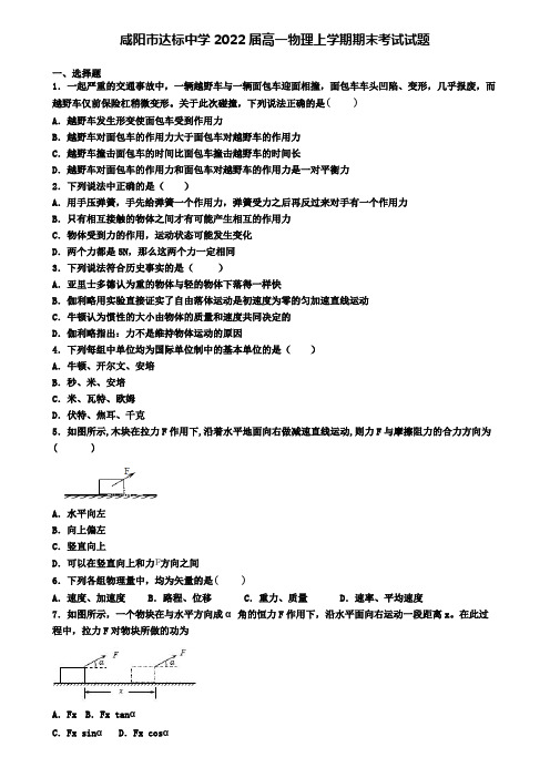 咸阳市达标中学2022届高一物理上学期期末考试试题