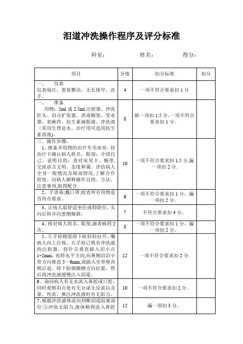 泪道冲洗操作程序及评分标准