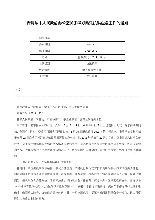 青铜峡市人民政府办公室关于做好防汛抗洪应急工作的通知-青政办发〔2019〕49号