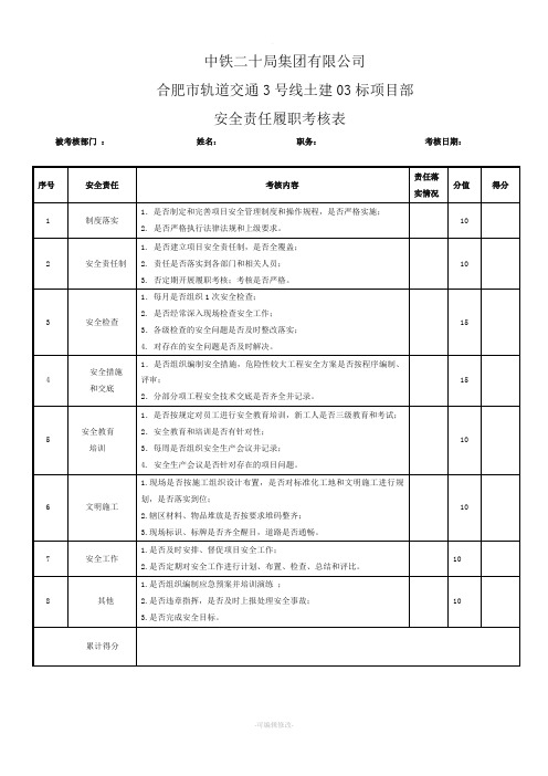 安全生产责任制考核表