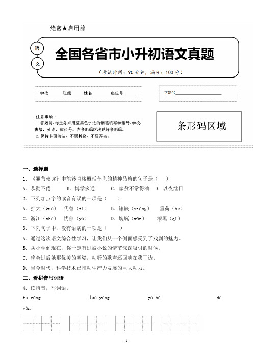 【小升初】2020年湖南省株洲市小升初语文毕业会考试题含答案(全网唯一)