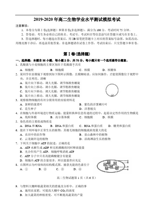 2019-2020年高二生物学业水平测试模拟考试