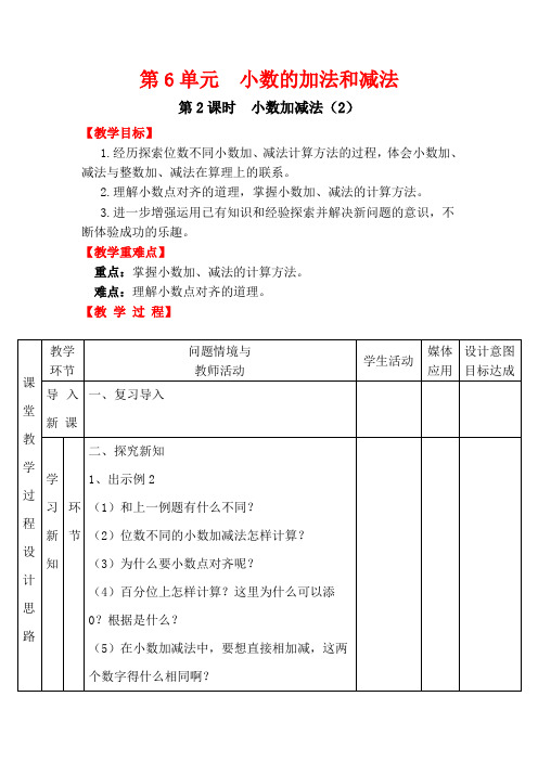 四年级下册数学第2课时  小数加减法(2)教案优秀教学设计