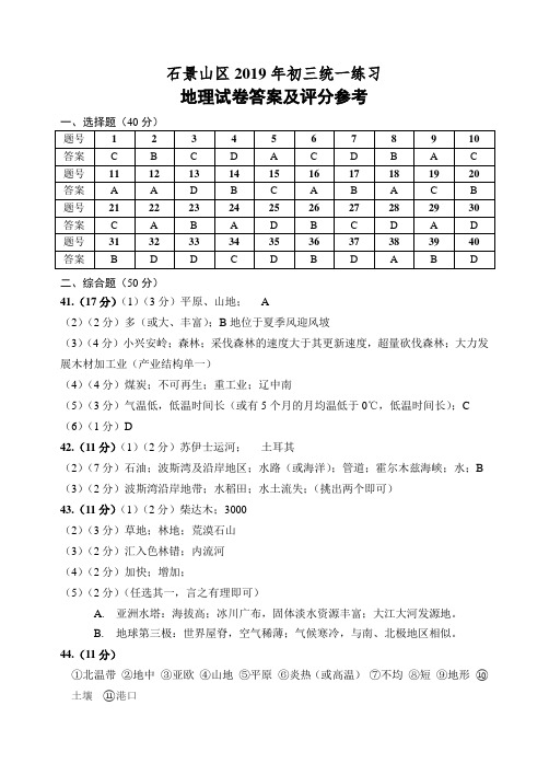 2019年初中地理石景山初三地理一模试题参考答案