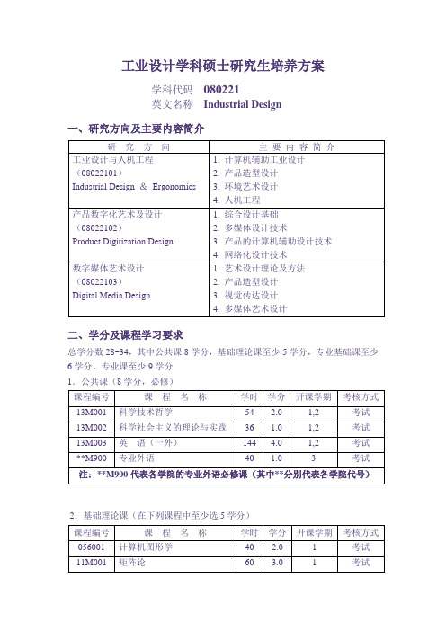 工业设计学科硕士研究生培养方案要点