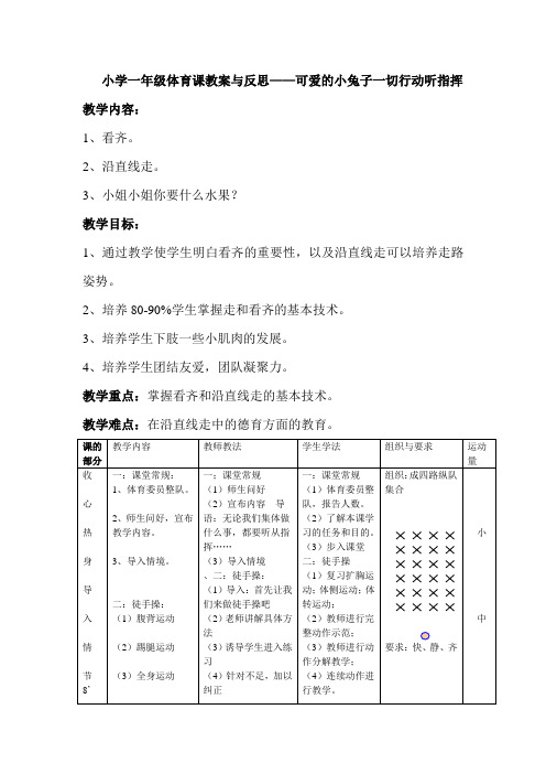 小学一年级体育课教案与反思——可爱的小兔子一切行动听指挥