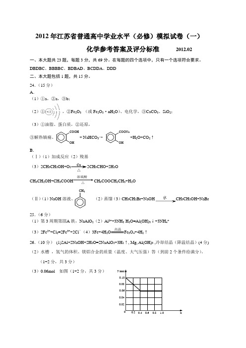 2012扬州学业水平测试化学卷(1)参考答案定稿