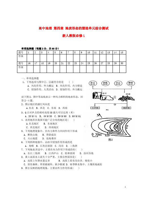 新人教版必修1高中地理第四章地表形态的塑造单元综合测试