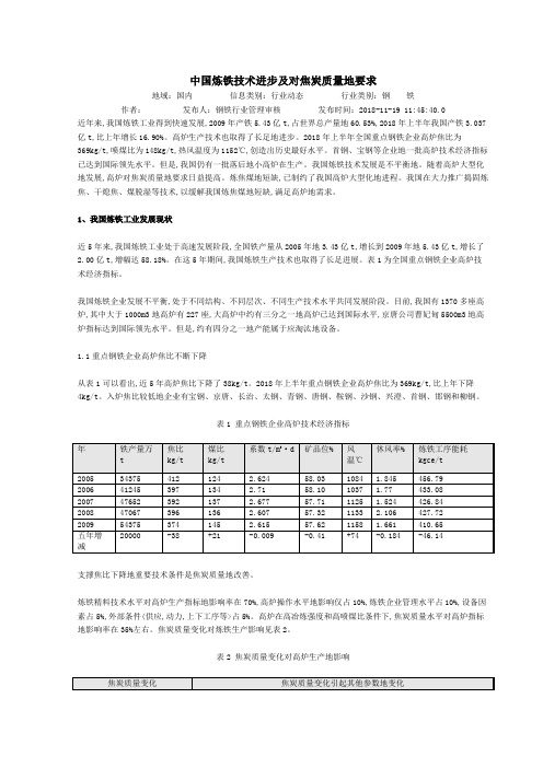 炼铁技术进步及对焦炭质量要求