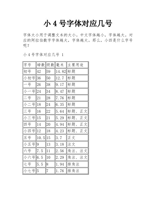 小4号字体对应几号