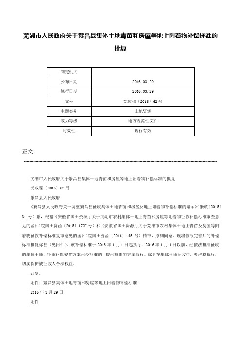 芜湖市人民政府关于繁昌县集体土地青苗和房屋等地上附着物补偿标准的批复-芜政秘〔2016〕62号