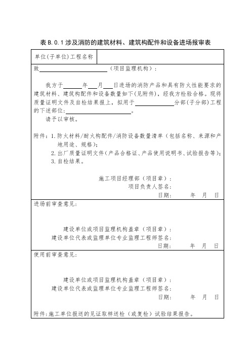 表B.0.1涉及消防的建筑材料、建筑构配件和设备进场报审表