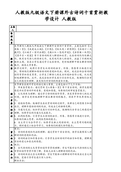 人教版九级语文下册课外古诗词十首赏析教学设计人教版