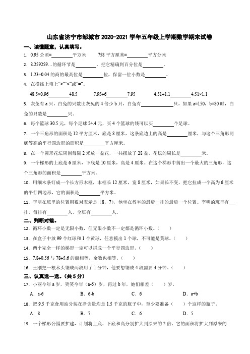 山东省济宁市邹城市2020-2021学年五年级上学期数学期末试卷