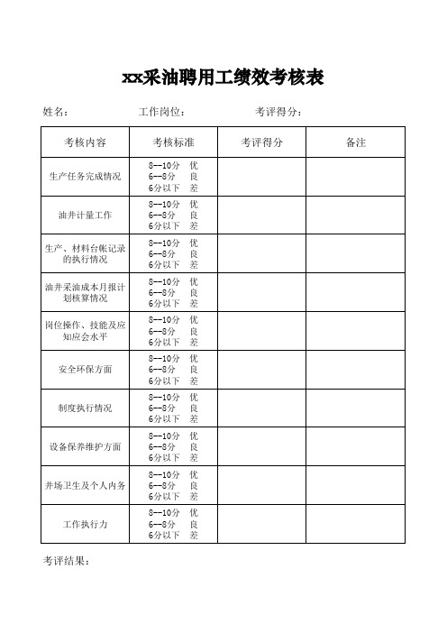 采油队聘用工绩效考核表