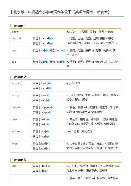 北京版一年级起点小学英语六年级下(英语单词表)