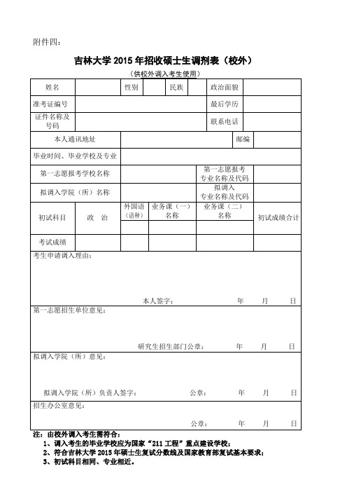 吉林大学2015年招收硕士生校外调剂表(附件四)