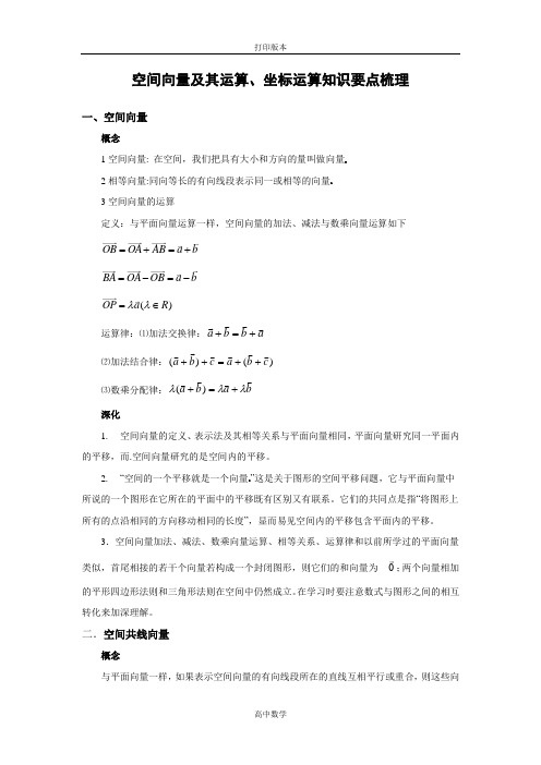 数学高二-选修2素材 2.3空间向量及其运算、坐标运算知识要点梳理