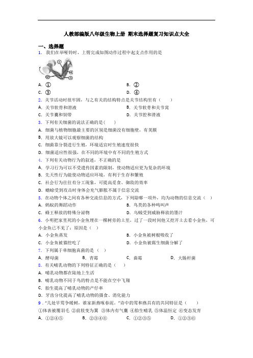 人教部编版八年级生物上册 期末选择题复习知识点大全