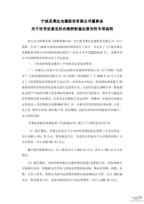 圣莱达：董事会关于对否定意见的内部控制鉴证报告的专项说明