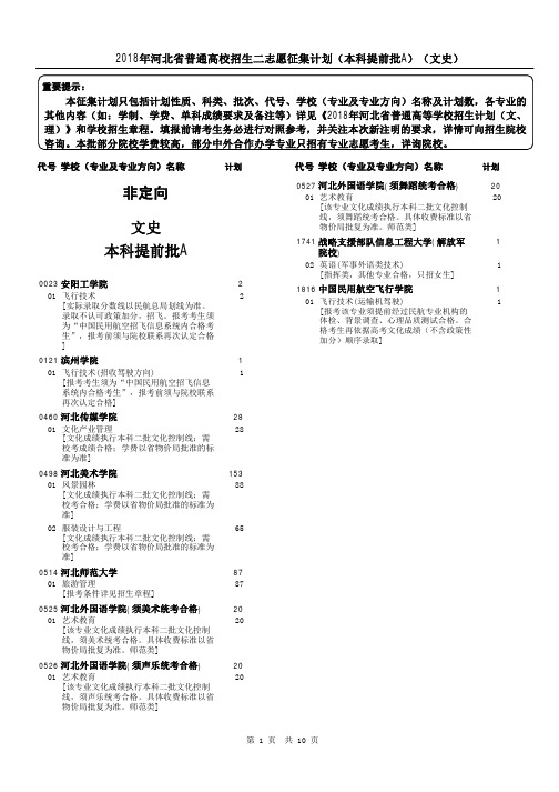 2018年河北省普通高校招生二志愿征集计划(本科提前批A)