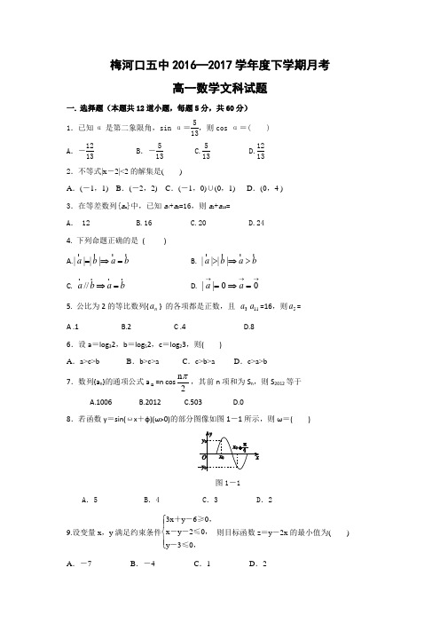 吉林省梅河口五中2016-2017学年高一下学期期中考试数