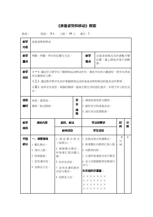 体育与健康《排球的准备姿势与移动》优质教案.教学设计